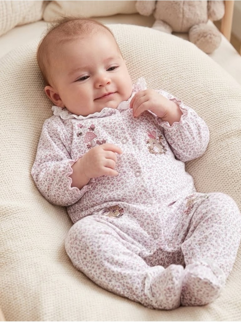 Next Baby Pink Floral Footed One-Piece Sleeper Ruffle Collar 3-6M